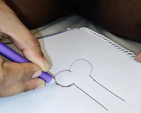 Sexy aunty doesn't get man, draws big cock on paper, pretends to fuck