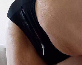 fat stepmom in black panties got a big portion of cum in her pussy close up