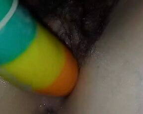 Playing with My Hairy Pussy and Big Rainbow Dildo