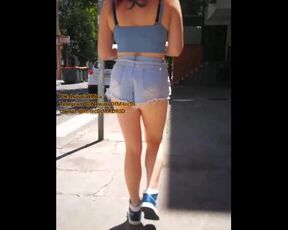 Walking down the street, wearing a jean minishort. Real PAWG showing off in public. Spanish wife